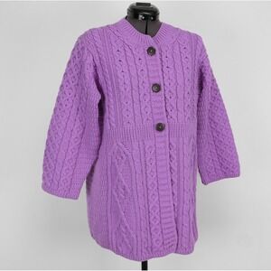 Kilronan Knitwear Cardigan Women L Purple Merino Wool Irish Cable Knit Sweater